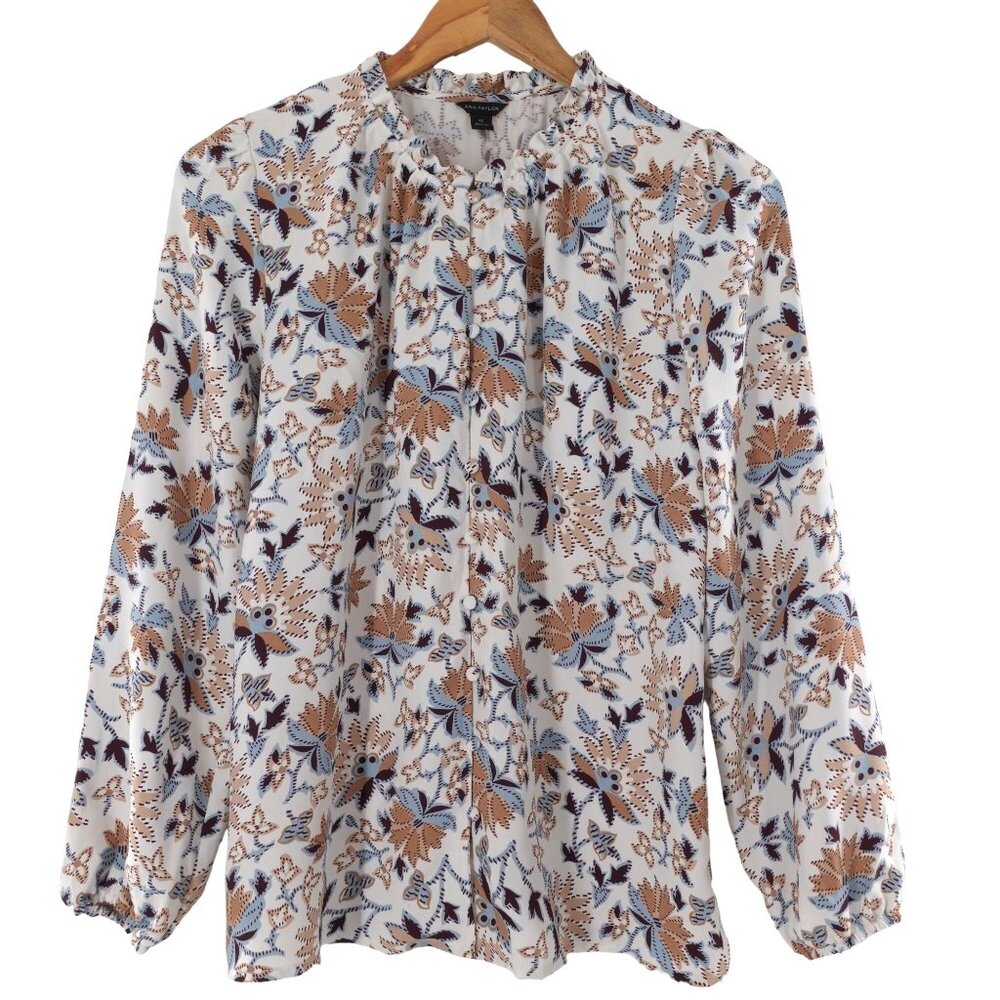 Ann Taylor XS High Neck Ruffle Long Sleeve Floral Blouse